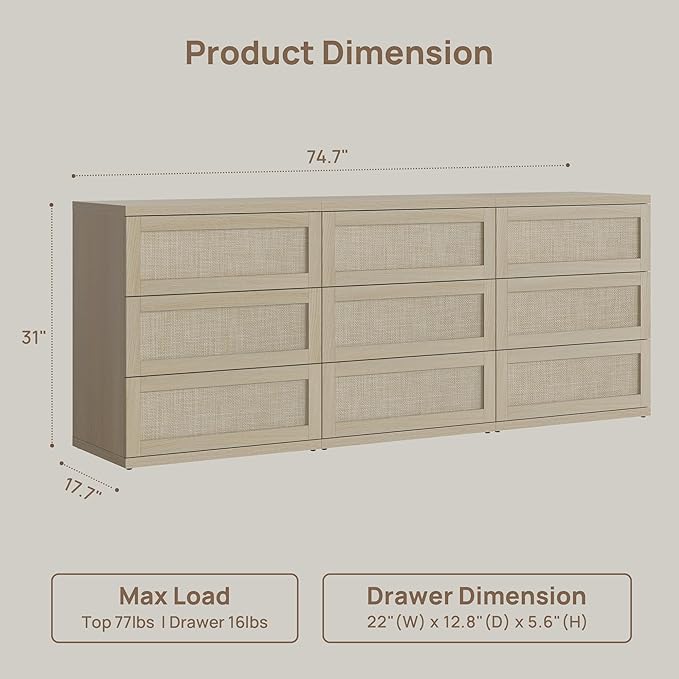 SICOTAS Dresser for Bedroom - 50" Wide 6 Drawer Dresser Rattan Dressers & Chests of Drawers Boho Drawers for Bedroom Bedside Table Clothes Large Closet Storage for Closet Hallway Entryway