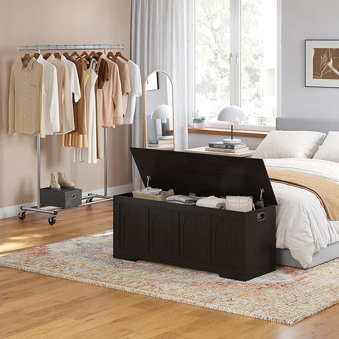 DINZI LVJ Storage Chest, 50” Extra Large Storage Bench with 2 Safety Hinges, Wooden Toy Box with Flip-Top, Large Trunk for Living Room, Playroom, Easy Assembly, Espresso