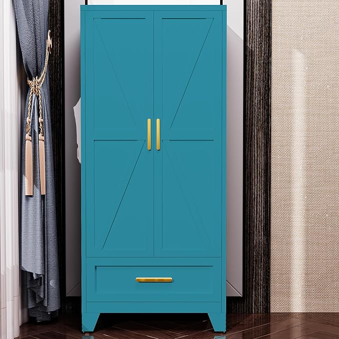 71" Tall Metal Armoire Wardrobe Closet with Removable Hanging Rod and Doors,Blue Armoire Wardrobe Cabinet for Garage Laundry Room Office