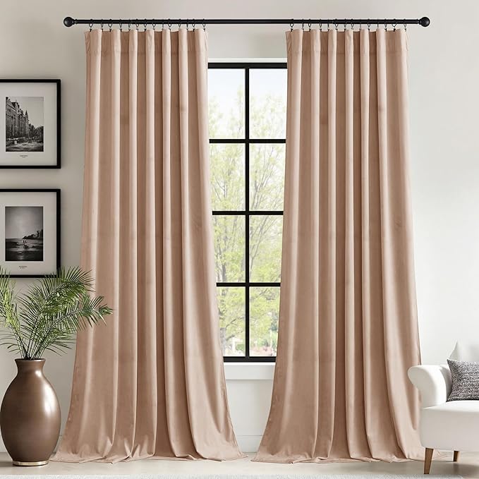 StangH 62 inches Wide Velvet Curtains for Living Room Blush Beige Light Reducing Privacy Protect Window Drapes for Nursery Kids Bedroom/Dining Room, W62 x L96, 2 Panels
