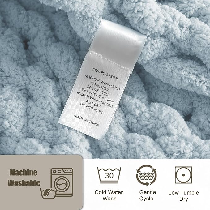 Chunky Knit Throw Blanket 60"X 80", 100% Handmade with Soft Chenille Yarn, 6.7lbs Thick Cable Knitted Blankets, Large Rope Knot Crochet Throws for Couch Sofa Bed Home Decor, Baby Blue