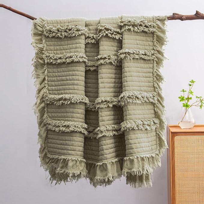 Ultra Soft Pre-Washed Quilted Boho Sage Green Twin Size Blankets for Bed, Olive Green Ruffle Fringed Decorative Throw, Stone Washed Chic Rustic Blanket for Sofa Couch Bed, 60"*80"