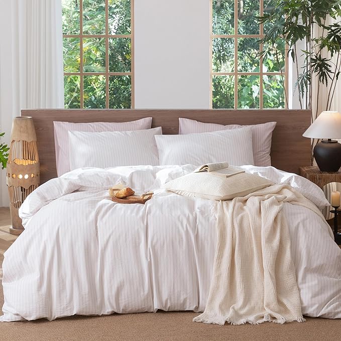MooMee Striped Duvet Cover Set 100% Washed Cotton Linen Like Textured Breathable Durable Soft Comfy (White Heathered Greyish Pink Wide Stripes, Oversized Full 82"x86")