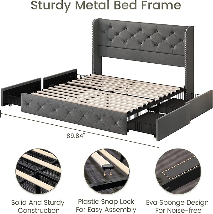 LARMACE Full Size Bed Frame with 4 Storage Drawers and Wingback Headboard Linen Upholstered Platform Bed Frame Tufted Beds with Wooden Slats Support, Easy Assembly, Light Grey