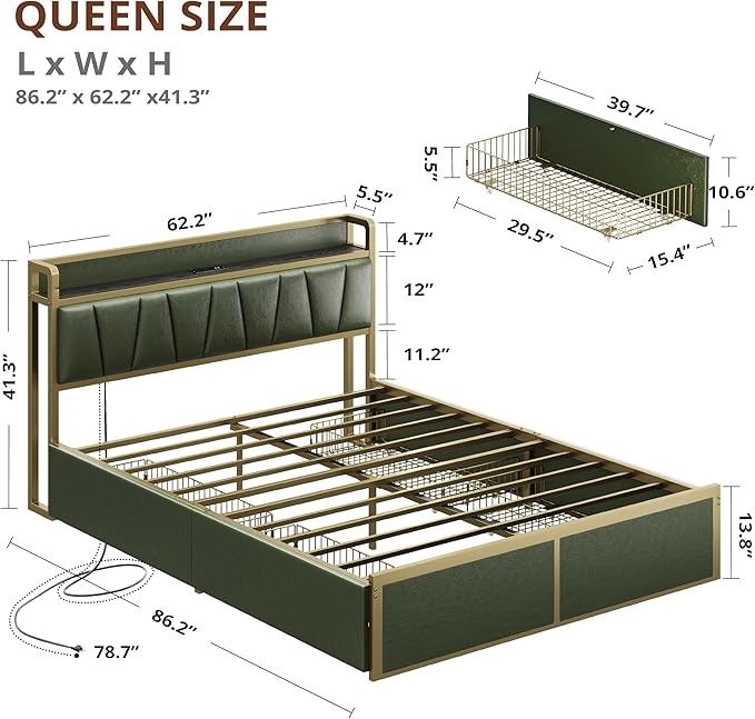 LIKIMIO Queen Bed Frame with 4 Storage Drawers, Platform Bed with Charged Headboard, Sturdy and Stable, No Noise, No Box Spring Needed, Easy to Install, Dark Green