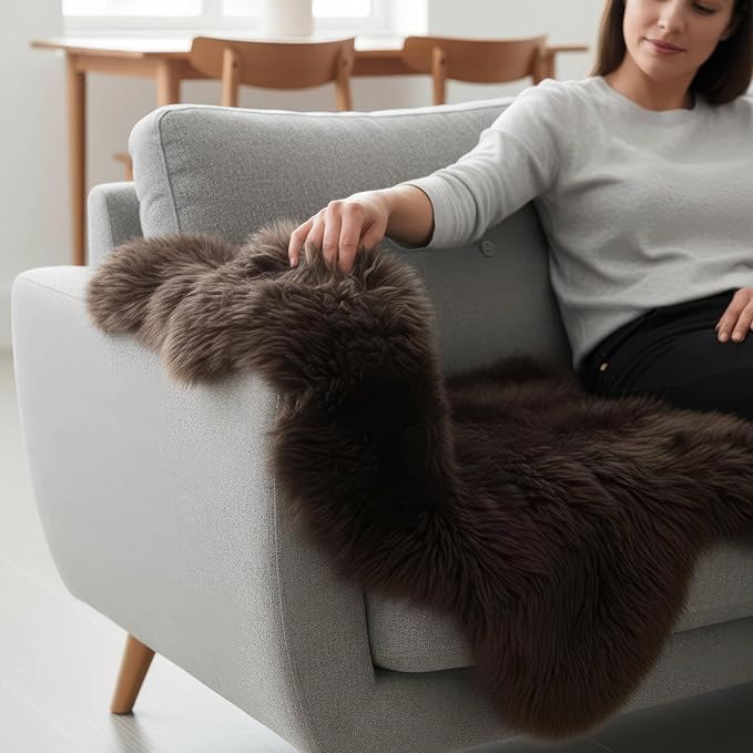 Genuine Dark Brown Sheepskin Rug 2x3 ft, Real Fluffy Single Pelt Fur Accent Rug for Chair, Seat Cover, Nursery & Home Decor, Natural & Soft Shaggy Throw
