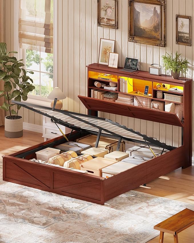 AOGLLATI Farmhouse Bed Frame Queen Size with Lift Up Storage & Hidden Bookcase Storage Headbord, Wooden Queen Bed Frame with Charging Station, Led Lights, No Box Spring Needed, Brown