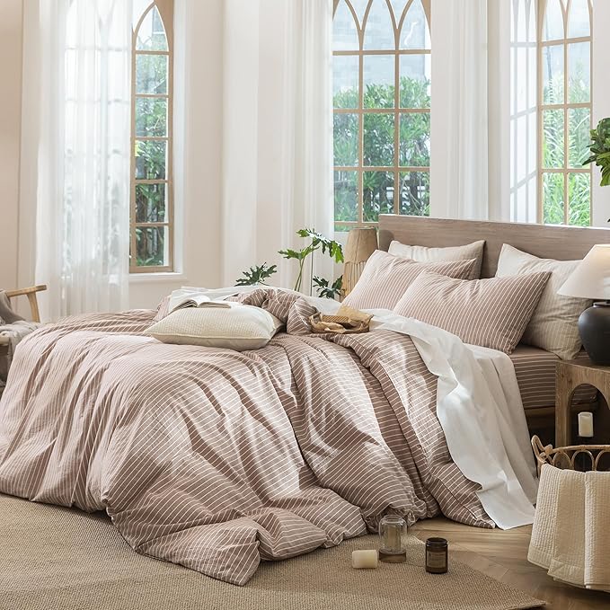 MooMee Striped Duvet Cover Set 100% Washed Cotton Linen Like Textured Breathable Durable Soft Comfy (Orange White Wide Stripes, Queen 90"x90")