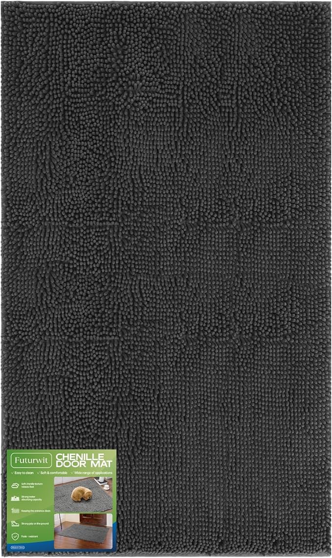 Dog Door Mat for Muddy Paws, 48" x 30" Chenille Absorbent Front Door Mat Inside, Large Runner Mud Mat for Dogs, Trap Dirt Washable Non Slip Outdoor Indoor Entrance Doormats, Grey