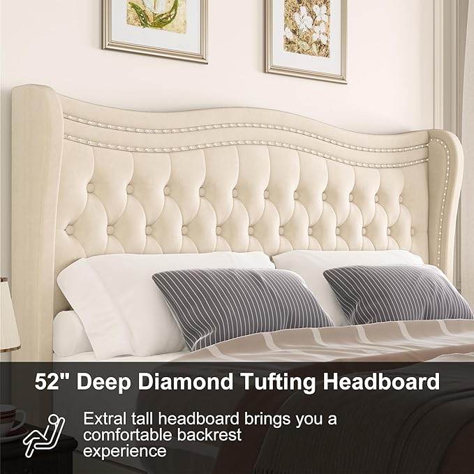 King Bed Frame with Tall Headboard & Footboard, Velvet Upholstered Platform Bed Frame with Deep Button Tufted Wingback, No Box Spring Needed, Noise Free, Beige