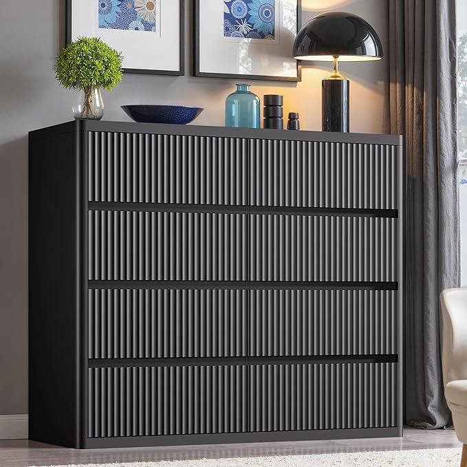 Black Dresser for Bedroom, 8 Drawers Double Fluted Dressers, Modern Chest of Drawers with Curved Profile, Handleless, Storage Closet Dressers for Bedroom, Living Room, Entryways