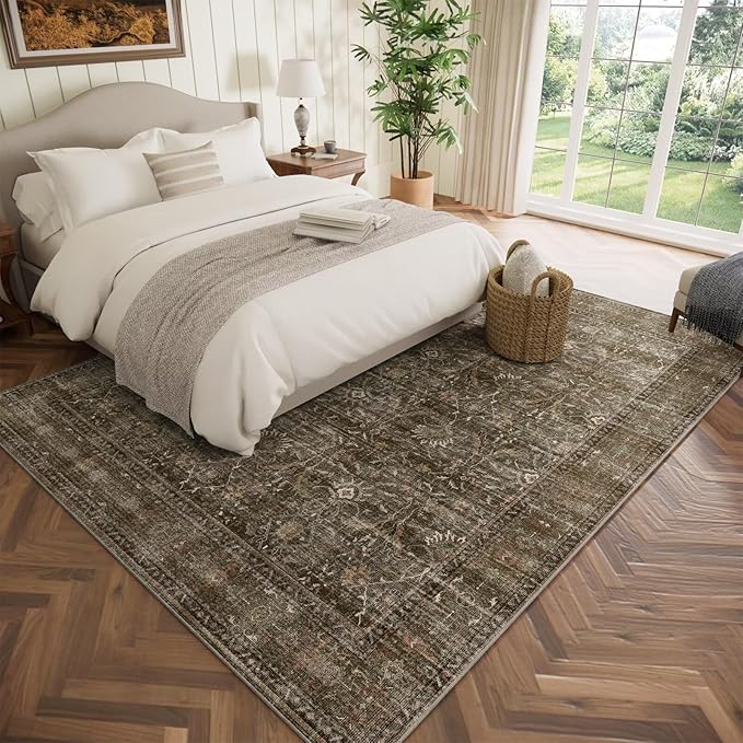 Washable 6x9 Area Rugs for Living Room, Boho Non-Slip Vintage Distress Large Rugs for Bedroom Dining Room Nursery Office, 0.3" Neutral Oriental Throw Thin Carpet, Rust/Multi