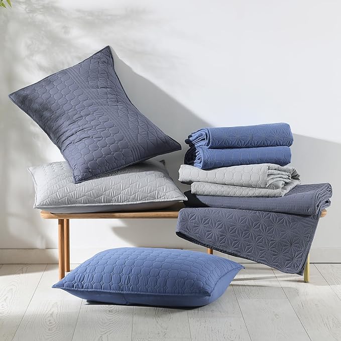HORIMOTE HOME Denim Blue King Size Quilt Set - Soft Microfiber Bedspread with 2 Shams, Lightweight & All-Season Geometric Coverlet for Cozy Bedding