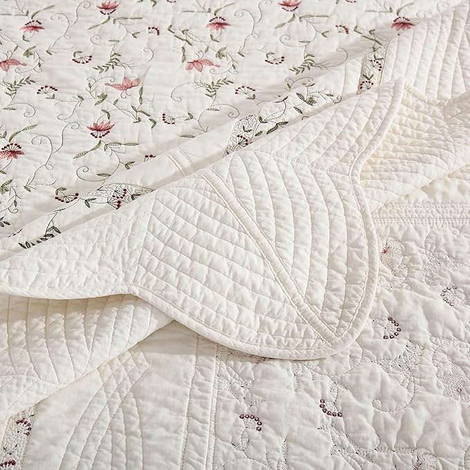 MarCielo 3-Piece 100% Cotton Oversized Bedspread Lightweight Quilt Coverlet Embroidery Farmhouse Bedding Set(TC Soft White,Oversized King (118"x106"))
