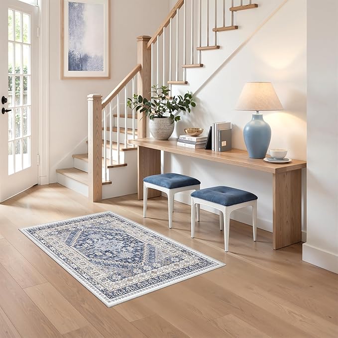zesthome 2x3 Entryway Rug, Soft Washable Rugs, Non Slip Area Rug, Stain Resistant Low Pile Rugs for Bedroom, Vintage Rug for Door Mat, Kitchen (Blue/Beige,2'x3')