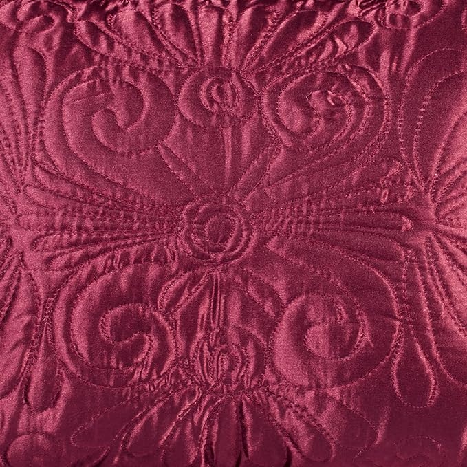 Touch of Class Portia Luxury Bedding | Rich Ruby Red | Premier Quilted Polyester Satin | Romantic Hand Guided Machine Quilted Scroll Design 3 Piece Set with Full Bedspread and 2 Standard Shams