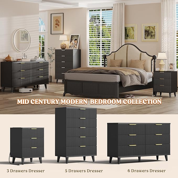 Lulive Wood 3 Drawers Dresser Fluted Night Stand with Charging Station, Natural Nightstand 3 Storage Drawers Dresser Modern Side Table, Bedside Table for Bedroom