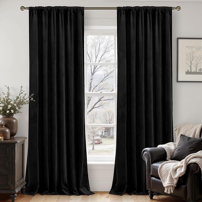 LAMIT Halloween Black Velvet Curtains for Bedroom 84 Inch, Luxury Thermal Room Darkening Drapes Back Tab and Rod Pocket Privacy Blackout Panels for Movie Theater, 2 Panels, 52 x 84 Inch
