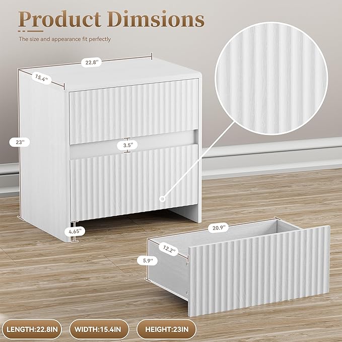 Fluted Nightstand, 23" Wide Bedside Table with 2 Storage Drawers, Modern Night Stand for Bedroom, White