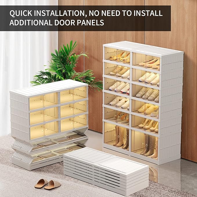 6-Tier Foldable Shoe Rack Organizer for Closet 24Pairs Plastic Shoe Shelf Collapsible Shoes Storage Box Clear Shoe Boxes Stackable with Door Easy Assembly Shoe Cabinet with Lids Large
