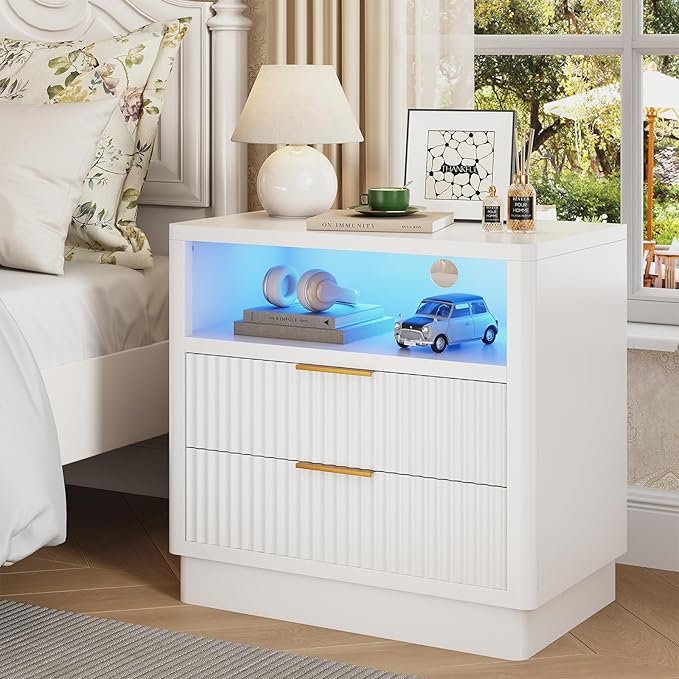 ELYKEN White LED Nightstand with Charging Station, Fluted 24" Wide Bedside Table with 2 Drawers Wood End Table with USB & Type-C Port for Bedroom