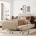 Twin Size Bed Frame with Trundle Bed,Velvet Upholstered Bed Frame,Twin Size Trundle Bed with Headboard,Upholstered Platform Bed Twin for Kids Teens Adults(Beige)