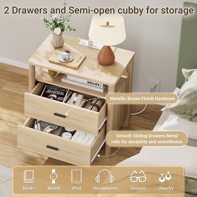 FavourLife Night Stand, 23" Wide Nightstand, Modern Large Nightstand with Charging Station, 2 Drawer Wooden End Table with Solid Round Post Legs & Open Shelf, Bedside Table for Bedroom, Natural Oak