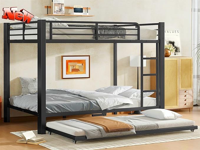 Higher Quality & Stronger Heavy Duty Metal Full Over Full Size Bunk Bed Frame with Twin Size Trundle for Adults Teens, Thickened More Stable Steel Bunkbed (Full Over Full with Trundle)