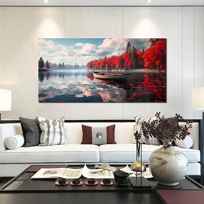 Large Wall Art for Living Room Bedroom Office Red Forest Wall Art Lake Landscape Pictures Modern Artwork Framed Canvas Prints 29x59 Inch