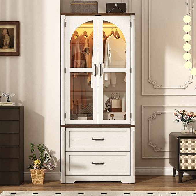 Tall Farmhouse 2 Doors Armoire Wardrobe Closet with LED ,72" Freestanding Arched Wardrobe Closet Cabinet for Bedroom w Glass Doors/Drawers,Wooden Clothing Storage Cabinet,Closets for Bedroom(White)