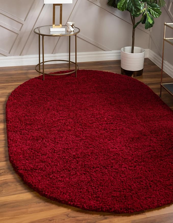 Unique Loom Solid Shag Collection Area Rug (7' 10" x 10' Oval, Cherry Red)