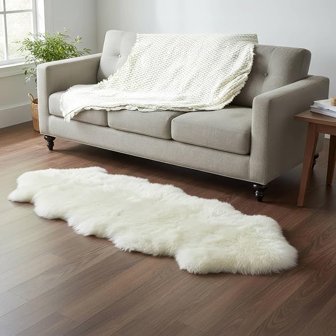 Real Sheepskin Rug 2' x 6' Double Pelt – Natural Genuine Sheep Skin for Bedside/Accent, Soft & Plush - Throw Rugs for Bench/Chair - All Natural Non-Dyed Color