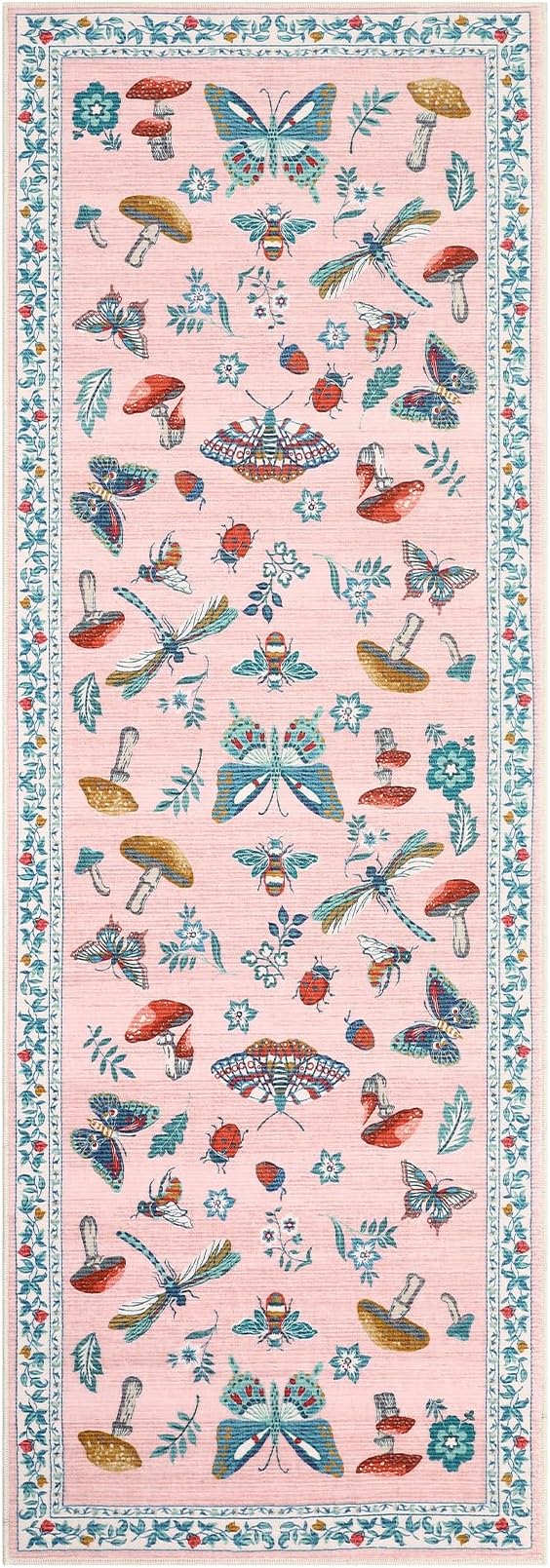 Mushroom Insect 2x6 Runner Rug for Hallway Washable Kitchen Rugs Non Slip with Rubber Back Pink Low-Pile Stain Resistant Indoor Carpet for Entryway Bathroom Laundry Dorm