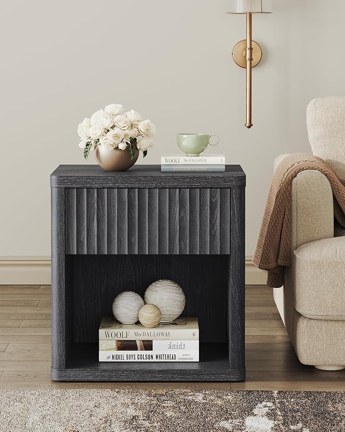 SICOTAS Night Stand Set of 2 Nightstands with Drawer Storage Fluted Bed Side Table End Table Large Modern Wide Bedside Mid Century Night Stands for Bedroom Living Room Sofa Office, Dark Grey Alder