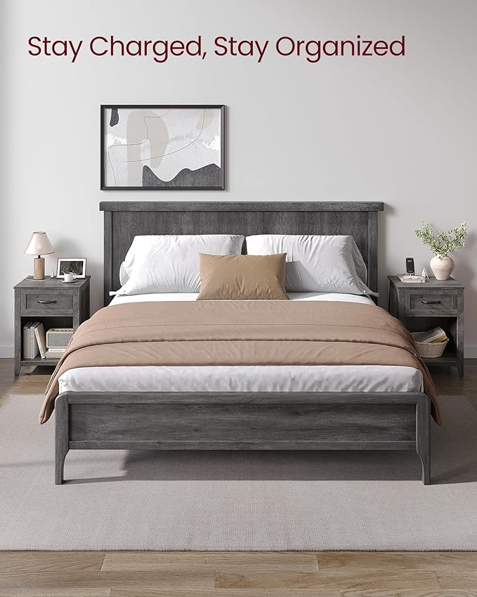 VASAGLE LIRY Collection - Farmhouse Nightstand with Charging Station, Bedside Table, Side Table with Drawer, Open Compartment, for Bedroom, Misty Gray ULET659G68