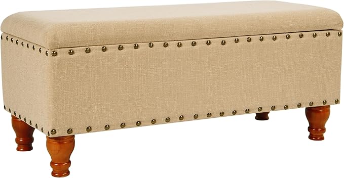 HomePop Large Rectangle Storage Bench with Nail Head Trim - Tan Linen