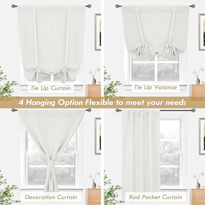 DriftAway Double Layer Linen Blackout Tie Up Curtains Thermal Insulated Fully Lined Balloon Roman Shade Bathroom Window Adjustable Rod Pocket for Small Window 39 Inch by 55 Inch Ivory Cream