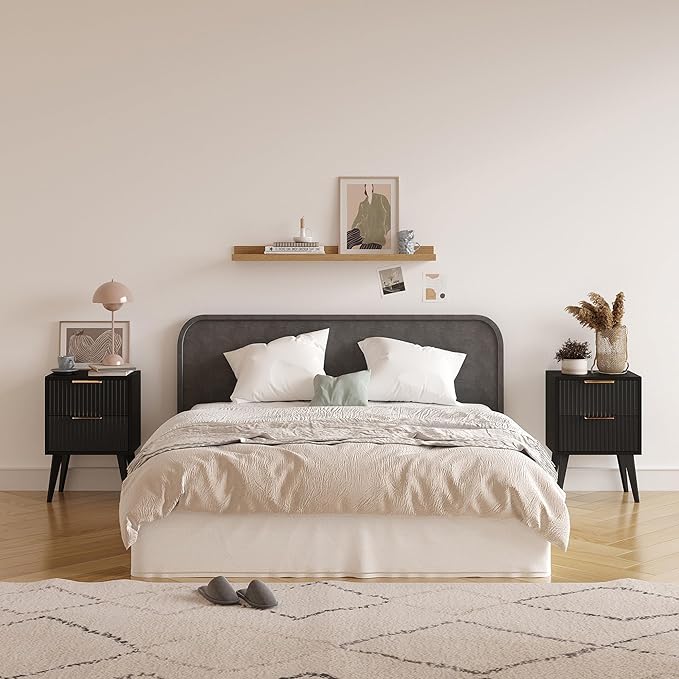 YAUKOMEL Black Night Stand,Modern Bedside Table,Small Nightstand with 2 Drawers,Fluted Side Table with Wood Legs,Mid Century End Table for Bedroom,Small Space,Black 11.8" D x 16" W x 22.4" H CTG55BK