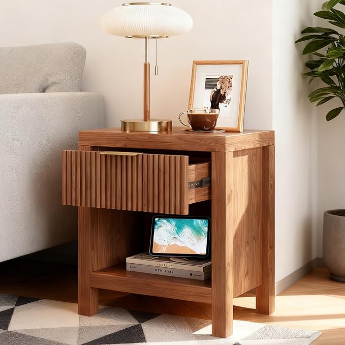 Nightstand Set of 2, End Table with 2 Drawers, Modern Bed Side Table with Storage, Farmhouse Fluted Cabinet Bedside Cabinet for Bedroom Living Room Sofa Couch Office (Walnut-2)