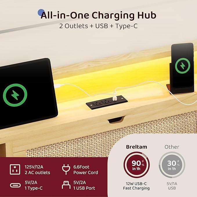 King Size Rattan Bed Frame with 4 Storage Drawers and Hidden Storage Headboard Wooden Platform Bed Frame with LED Lights and Charging Station, No Box Spring Needed, Easy Assembly, Natural