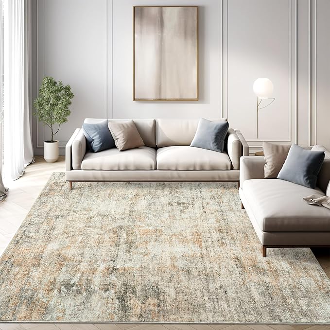 6x9 Abstract Area Rugs for Living Room 6 x 9 Washable Non Slip Low Pile Rugs for Bedroom Dining Room Foldable Thin Brown Grey