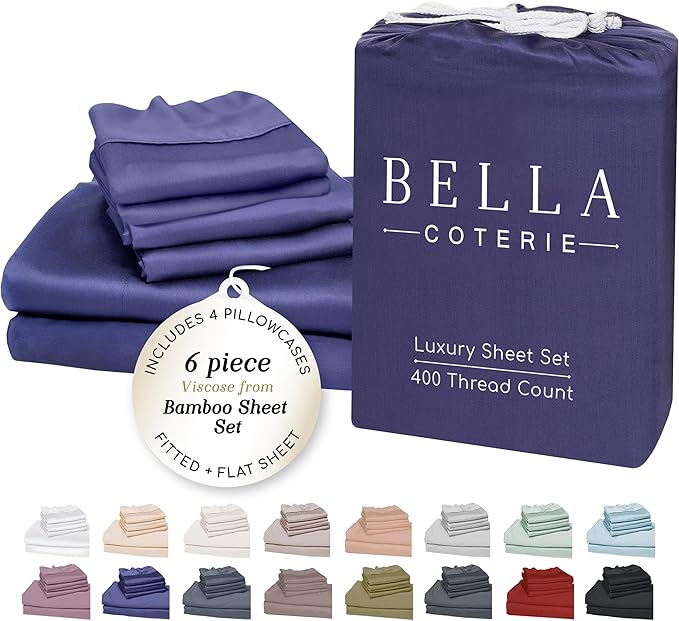 Bella Coterie 6 Piece Luxury Bamboo Viscose Queen Size Sheet Set | 100% Organically Grown | Cooling for Hot Sleepers | 18" Deep Pocket | Soft & Hypoallergenic | 4 Pillowcases [Twilight Blue]