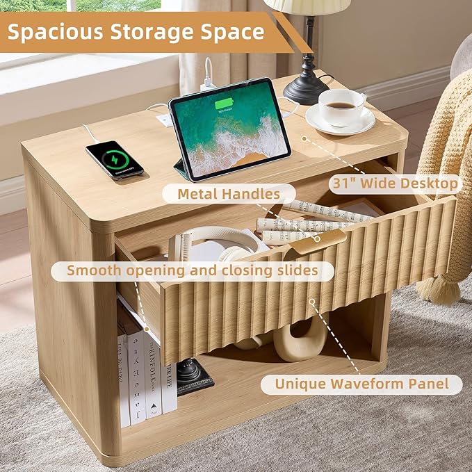 LEYAOYAO 31" Wide Fluted Nightstand with Charging Station, Oversized Extra Large 1 Drawer Night Stand with Golden Handle, Natural Wood Bedside Table Tall End Tables,for Bedroom, Living Room, Hallway
