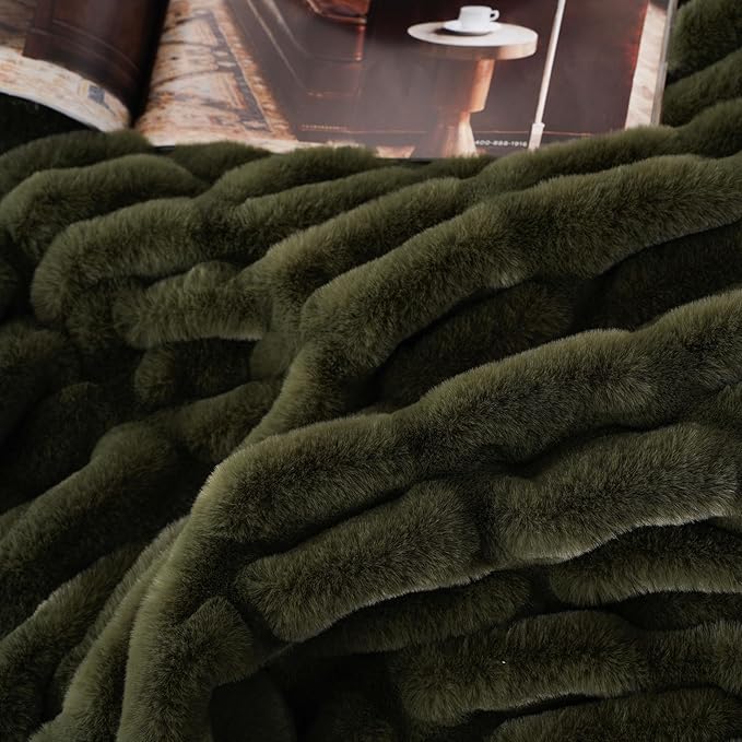 BATTILO HOME Olive Green Faux Fur Throw Blanket for Bed, Double Side Reversible Ruched Faux Rabbit Fur Throw for Couch, Bed, Super Soft Blanket Cozy Warm Mink Blanket, 50"x60"