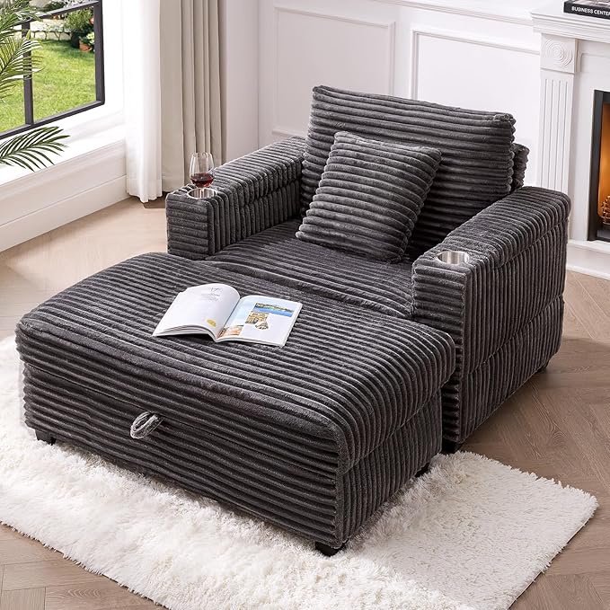 ONBRILL Corduroy Oversized Chair with Ottoman, 44" Wide Armchair with Cup Holders & USB Port, Reading Chair w/Storage Armrest, Easy Assembly, Comfy Single Sofa Bed for Living Room, Apartment, Grey
