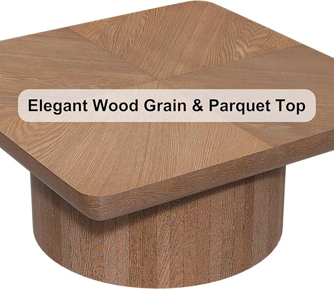 Modern Square Coffee Table with Cylindrical Base, Wood Coffee Table with Parquet Pattern & Thickened Tabletop, Center Table Tea Table for Living Room Apartment, 34.6''L×34.6''W×14.9''H, Walnut