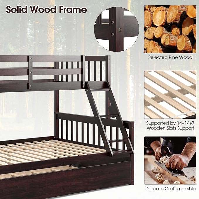 Giantex Twin Over Full Bunk Bed with Trundle, Convertible Platform Bed Frame with Ladder, Solid Wood Frame & Safety Guardrails, Space-Saving Bunk Bed for Teens & Kids, No Box Spring Needed, Espresso