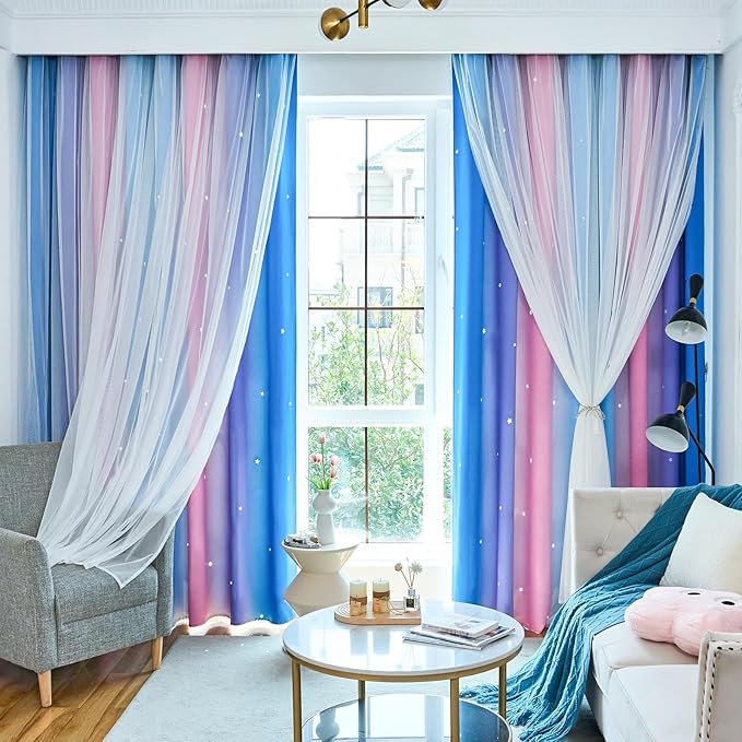 Star Curtains Blackout Curtains for Bedroom Cute Curtains Kids Curtains Rainbow Curtains, Curtains 72 Inches Long 2 Panels, Blue & Purple & Pink Curtains, 42 X 72 Inches