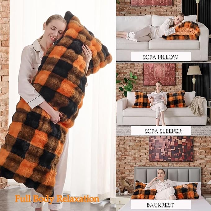 Full Body Pillow 20x54 Inch,Memory Foam Pregnancy Pillow for Side Sleepers,Orthopedic Back Support Maternity Pillow for Women (with Removable Cover)-Orange Black Grid Print