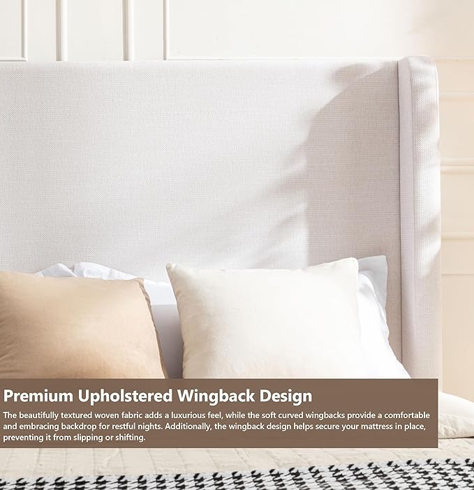 Harper Upholstered Wingback Bed Frame with 54" Extra-Tall Headboard - Modern Textured Chenille Platform Bed, Solid Oak Wood Feet, Sturdy Metal Foundation, Box Spring Required(Ivory Queen)